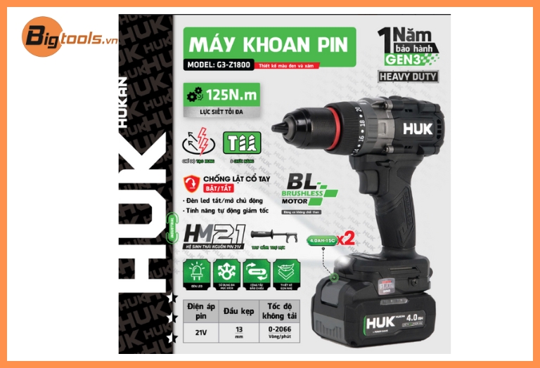 Máy Khoan Pin 13Mm HUKAN - G3 - Z1800