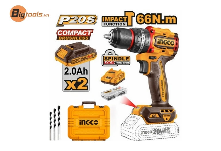 INGCO CIDLI20668 20V 66Nm – Máy khoan búa pin (mạnh mẽ, linh hoạt)