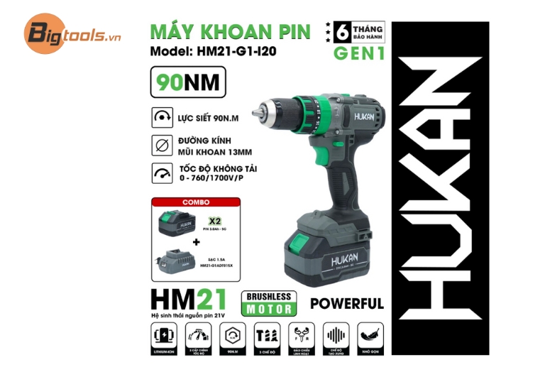 Hukan GEN1 HM21-G1-I20 (thân máy) – Khoan pin 13mm (kinh tế, dễ nâng cấp)