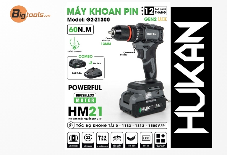 Hukan G2-Z1300 – Máy khoan pin 13mm GEN2 Lux (đa năng, bền bỉ)