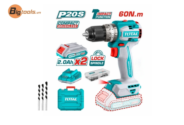 TOTAL TIDLI20602 – Máy khoan búa không chổi than 20V (bền & mạnh)