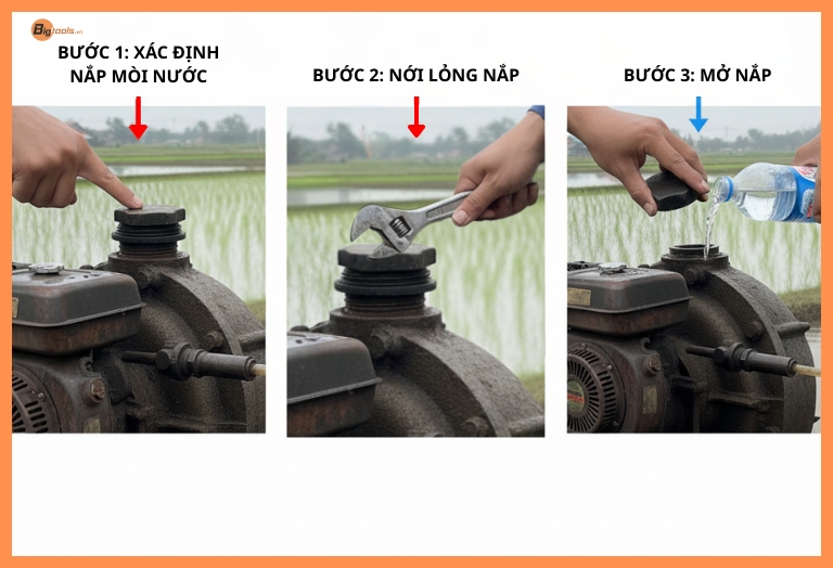 Hướng dẫn mồi nước máy bơm - Thao tác mở nắp mồi nước trên thân bơm đặt trên cạn bằng kìm/mỏ lết.
