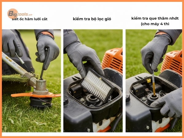 các bước kiểm tra an toàn máy cắt cỏ trước khi khởi động.