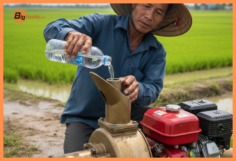 Cách mồi nước máy bơm xăng - Hướng dẫn chi tiết vận hành máy bơm nước động cơ xăng đúng quy trình.