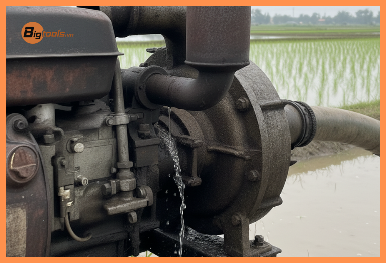 Phớt bơm bị hỏng - Dấu hiệu nước rò rỉ ở cổ trục và cần thay thế phớt cơ khí để chống nước mồi bị tụt.