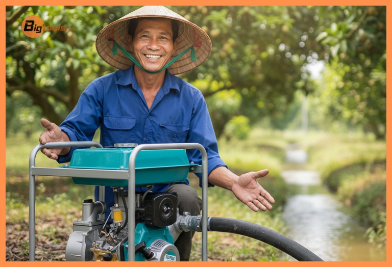 Giải pháp tưới tiêu bền vững - Máy bơm nước chạy bằng dầu giúp nông dân chủ động nguồn nước và tăng năng suất vụ mùa.