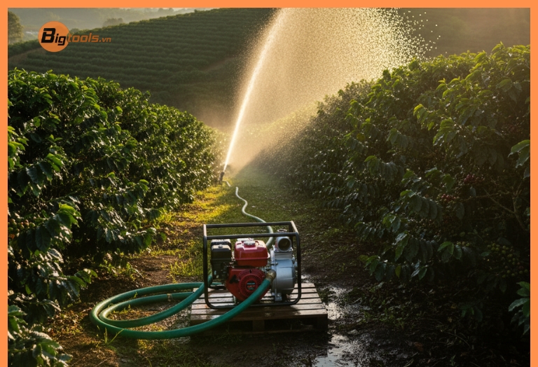 máy bơm nước chạy xăng đang tưới vườn cà phê