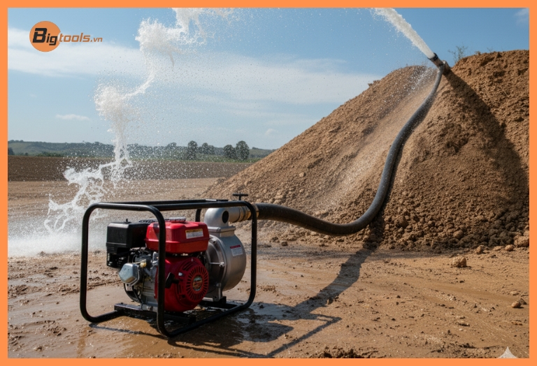 Máy bơm xăng cột áp cao - Ứng dụng tưới rẫy cà phê, hồ tiêu trên địa hình đồi dốc.