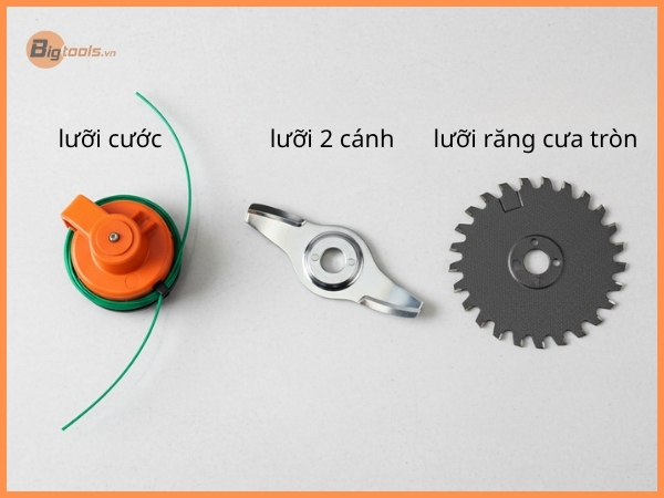 hình ảnh so sánh 3 lưỡi cắt cỏ gồm: Cước, 2 cánh, đĩa tròn răng cưa
