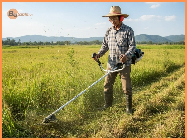 người nông dân dang sử dụng máy cắt cỏ