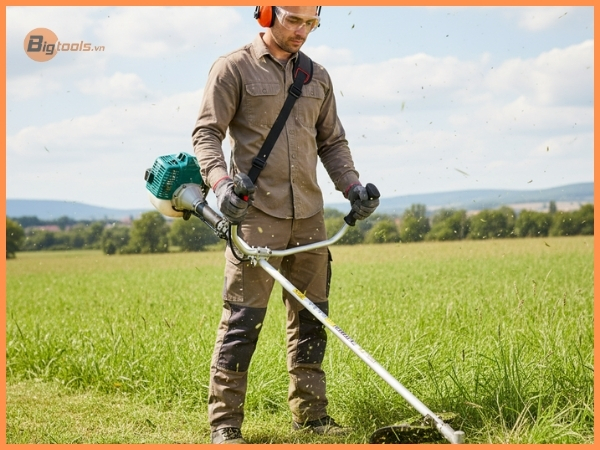 người đàn ông sử dụng máy cắt cỏ có trang bị đồ bảo hộ