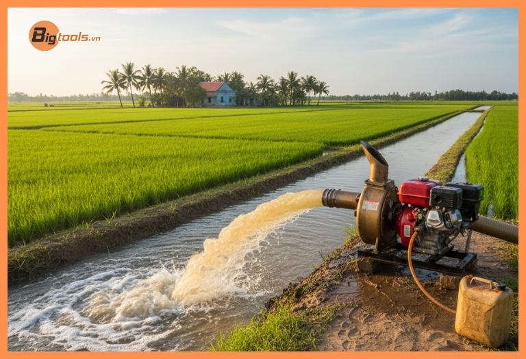 Máy bơm nước đồng ruộng chạy xăng - Giải pháp tưới tiêu và thoát nước chủ động, tăng năng suất cây trồng và hiệu quả sử dụng nước.