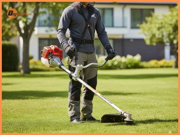 người đang sử dụng máy cắt cỏ chạy xăng