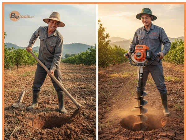 So sánh hiệu quả giữa đào hố thủ công và sử dụng máy khoan lỗ đất chuyên dụng.