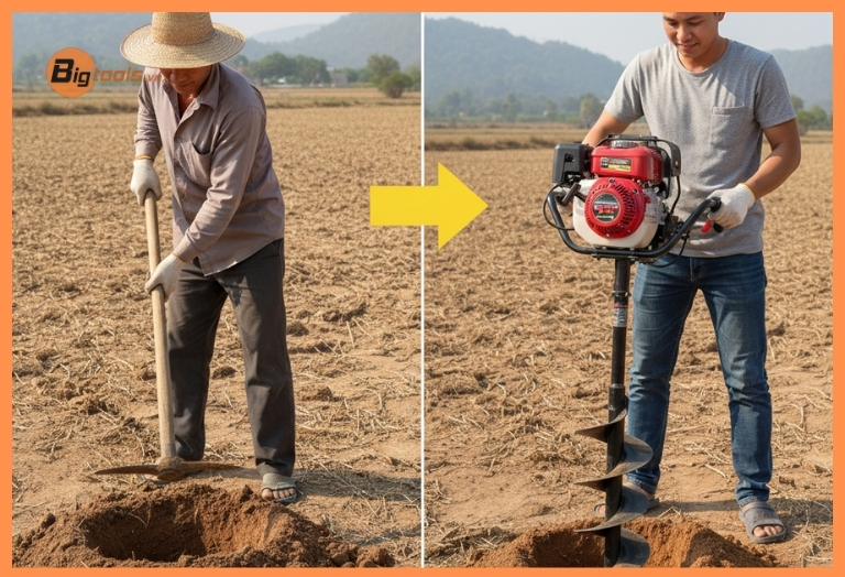 So sánh hiệu suất giữa đào đất thủ công và sử dụng máy khoan lỗ trồng cây chuyên dụng.