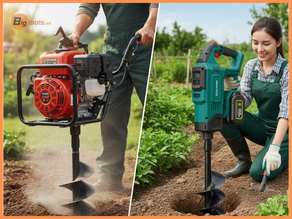 So sánh các loại máy khoan lỗ đất chạy xăng và máy khoan đất dùng pin.