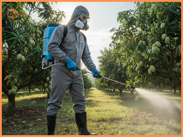 Người đeo đầy đủ PPE đang sử dụng bình phun thuốc trừ sâu an toàn vào sáng sớm