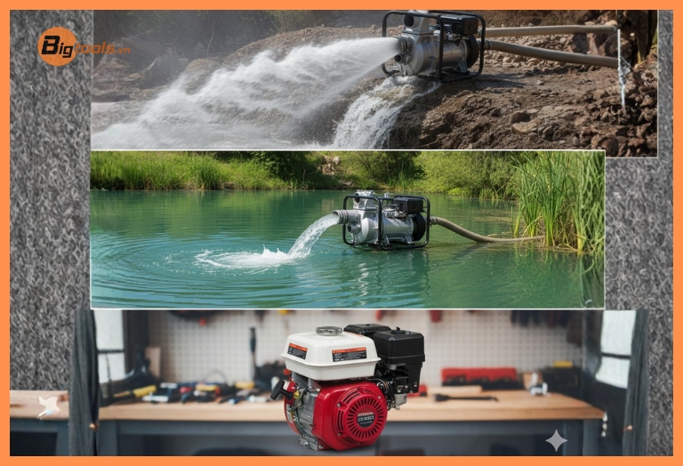 Các loại máy bơm nước chạy xăng - Sự đa dạng về máy bơm xăng cột áp cao và máy bơm xăng lưu lượng lớn cho tưới tiêu và cứu hỏa.