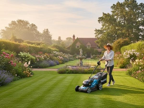 Người dùng đang thư giãn chăm sóc sân vườn với máy cắt cỏ đẩy tay hiện đại