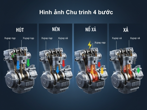 Nguyên lý hoạt động của động cơ 4 thì, chu trình hút nén nổ xả, sơ đồ làm việc động cơ 4 kỳ
