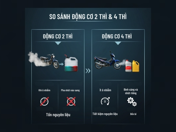 So sánh động cơ 4 thì và 2 thì, ưu điểm tiết kiệm nhiên liệu của động cơ 4 kỳ