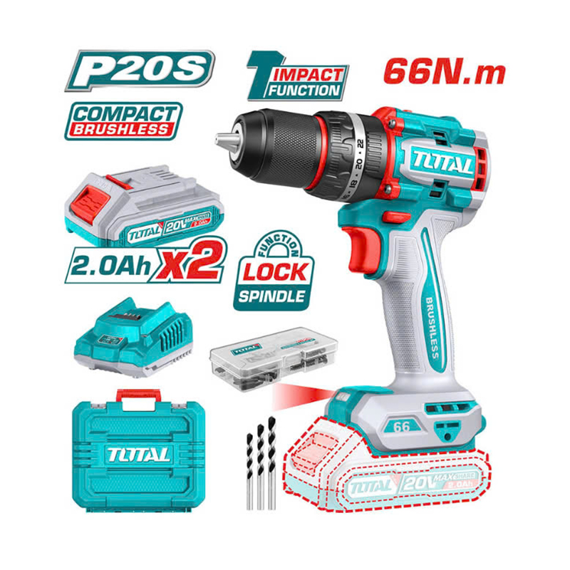 Máy khoan búa không chổi than dùng pin Lithium-Ion 20V - TOTAL - TIDLI20668