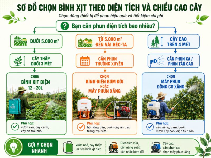 cách chọn bình phun thuốc theo diện tích vườn và chiều cao cây