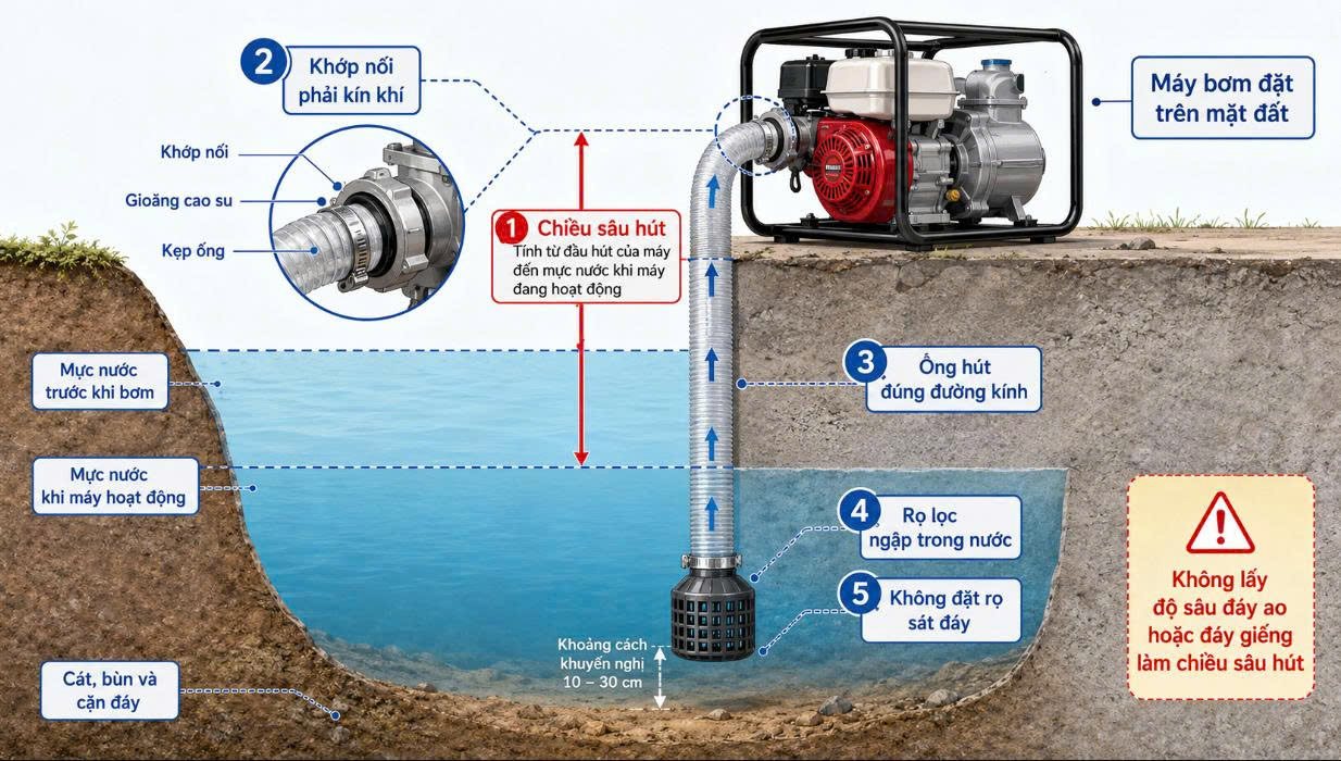 Xác định nguồn nước, chất lượng nước và chiều sâu hút của máy bơm nước nông nghiệp