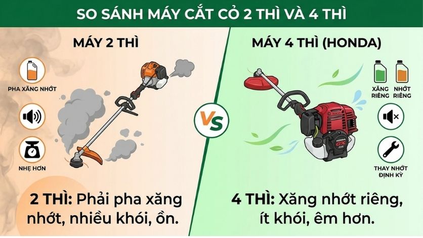 So sánh máy cắt cỏ 2 thì và máy cắt cỏ 4 thì