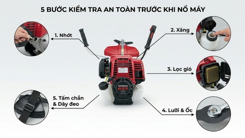 Kiểm tra nhớt xăng lọc gió và lưỡi máy cắt cỏ Honda trước khi sử dụng