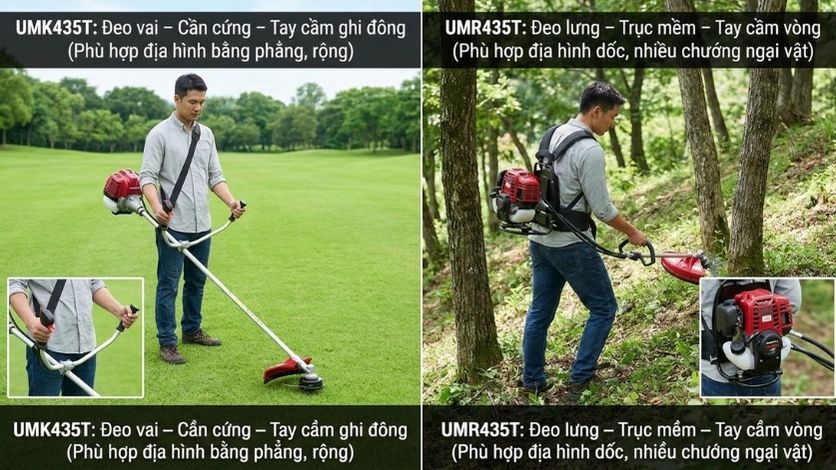 So sánh Honda UMK435T đeo vai và UMR435T đeo lưng trục mềm