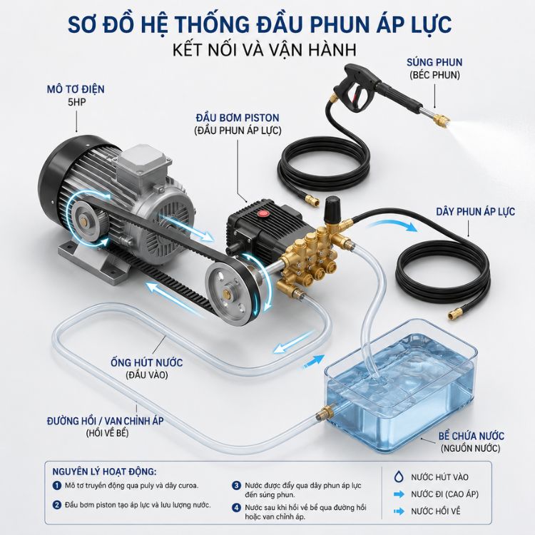 Sơ đồ cấu tạo hệ thống đầu phun áp lực kết hợp mô tơ và dây curoa