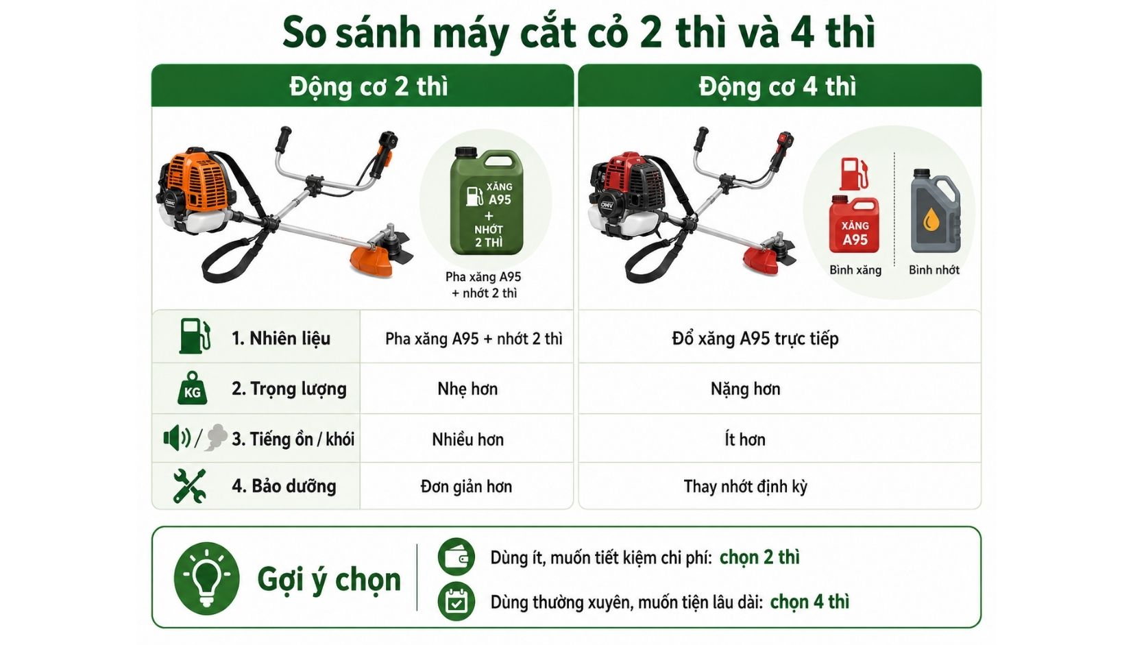 So sánh máy cắt cỏ 2 thì và 4 thì về nhiên liệu, trọng lượng, độ ồn và cách bảo dưỡng
