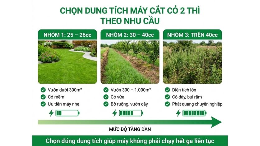 Cách chọn dung tích máy cắt cỏ 2 thì từ 25cc đến 45cc theo loại cỏ