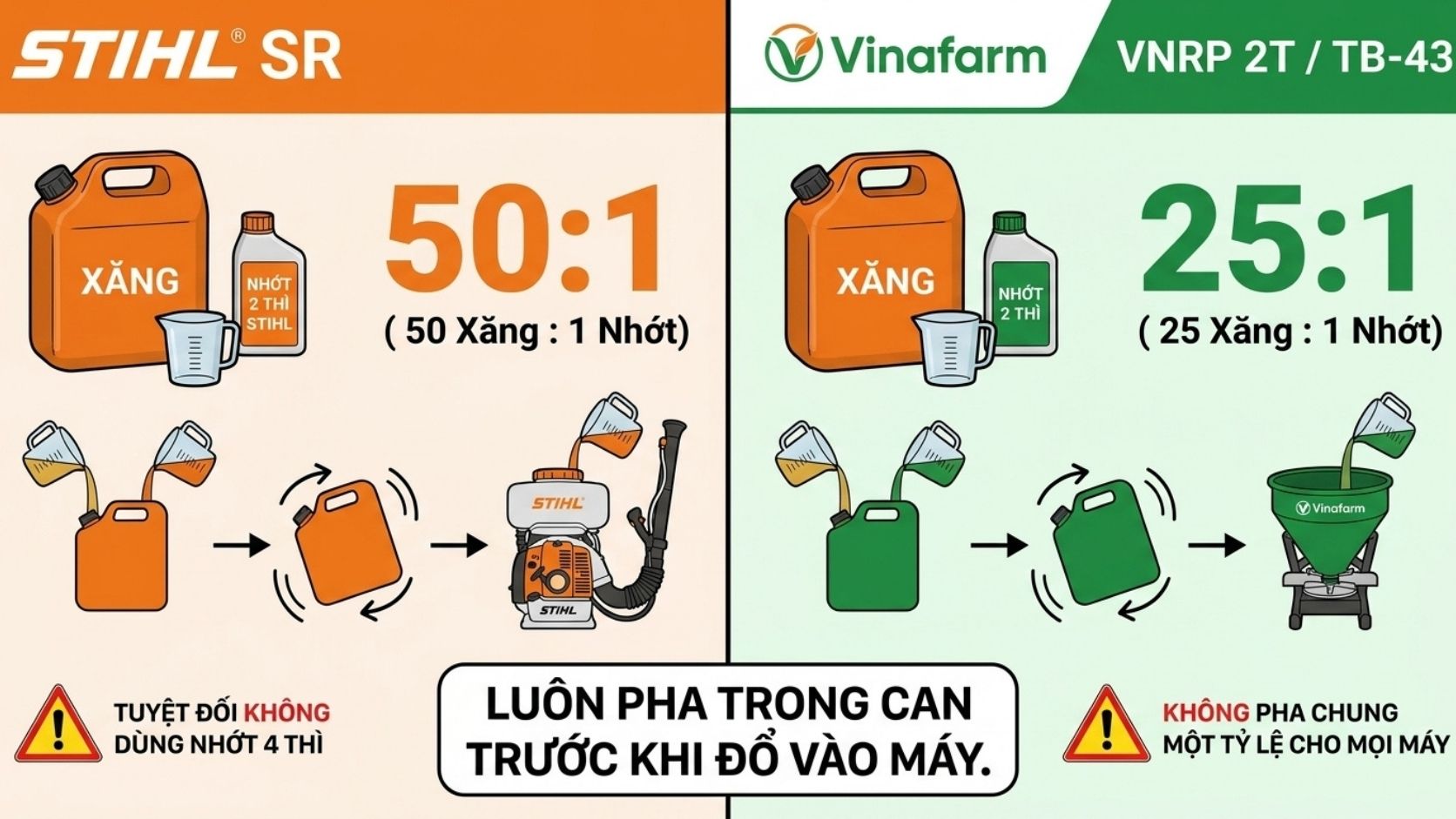 cách pha xăng nhớt máy xạ phân Stihl và Vinafarm