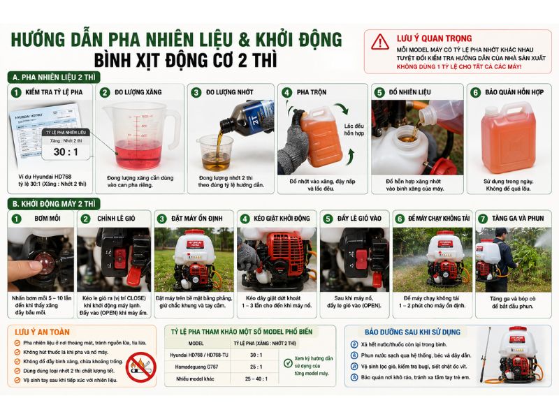 hướng dẫn pha xăng nhớt và khởi động bình xịt động cơ 2 thì