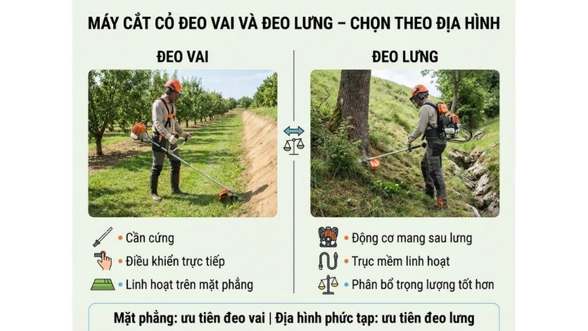 So sánh máy cắt cỏ đeo vai và máy cắt cỏ đeo lưng 2 thì theo địa hình