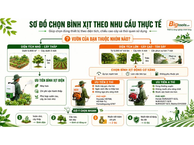 cách chọn bình xịt động cơ xăng theo diện tích và chiều cao cây