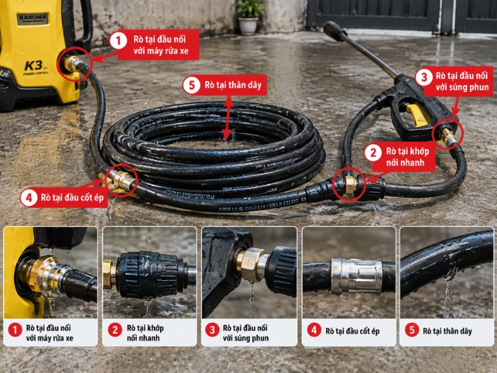 Các vị trí thường bị rò nước trên dây phun áp lực máy rửa xe
