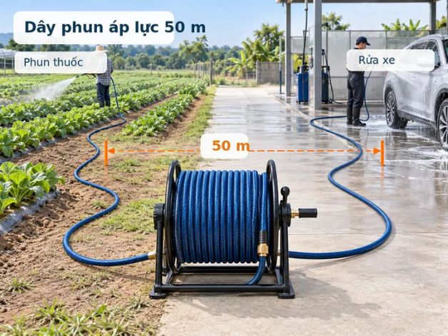 Dây 50 m phù hợp cho khu canh tác, rửa xe và vệ sinh không gian rộng.