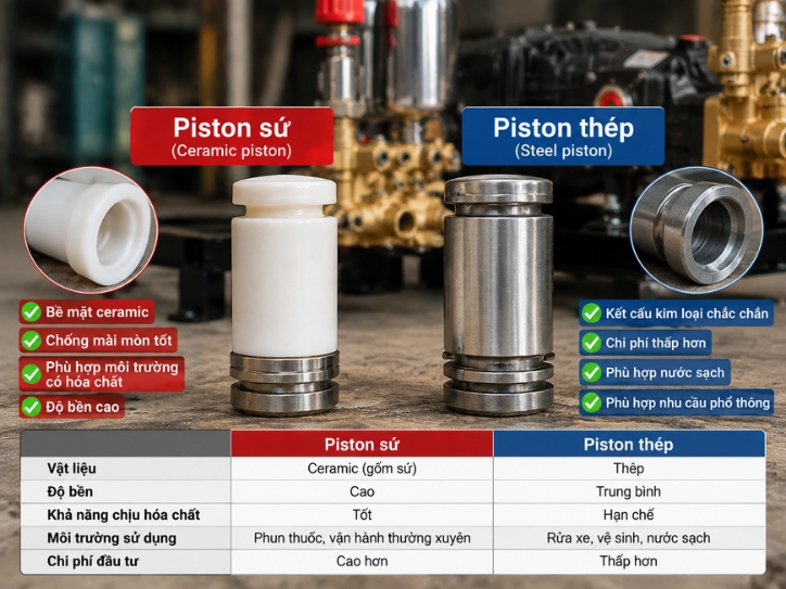 So sánh piston sứ và piston thép của đầu phun áp lực về vật liệu, độ bền và ứng dụng sử dụng