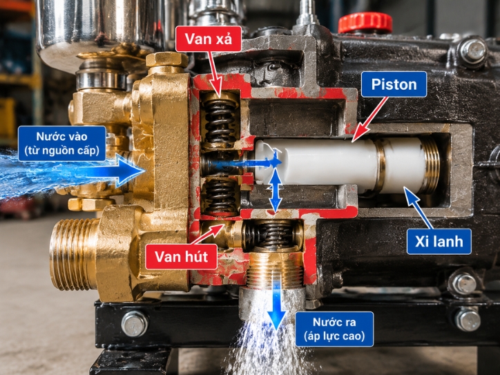Cấu tạo bên trong đầu phun áp lực piston gồm piston, xi lanh, van hút và van xả tạo áp suất nước