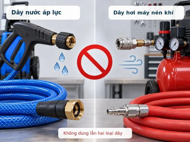 So sánh dây phun nước áp lực và dây hơi máy nén khí với đầu nối khác nhau