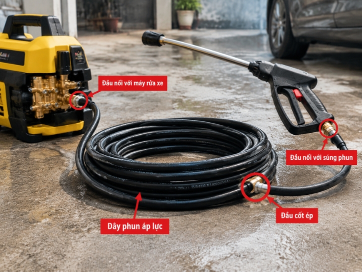 Sơ đồ vị trí dễ bị rò nước trên dây phun áp lực máy rửa xe