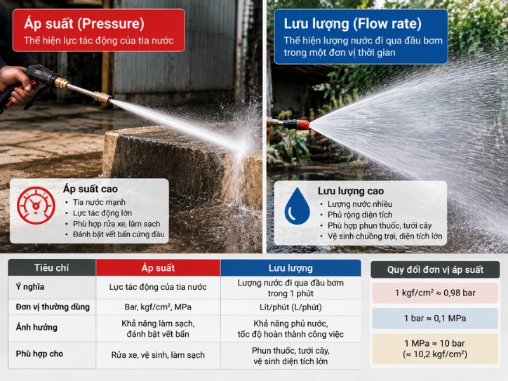So sánh áp suất và lưu lượng nước của đầu phun áp lực thể hiện lực phun và khả năng phủ nước