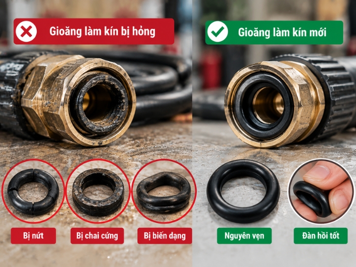 So sánh gioăng làm kín dây phun áp lực bị hỏng và gioăng mới
