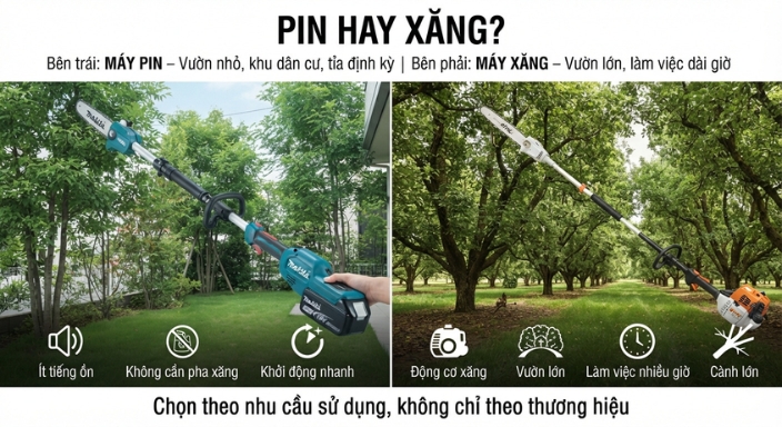 So sánh máy cắt cành tầm cao pin và xăng