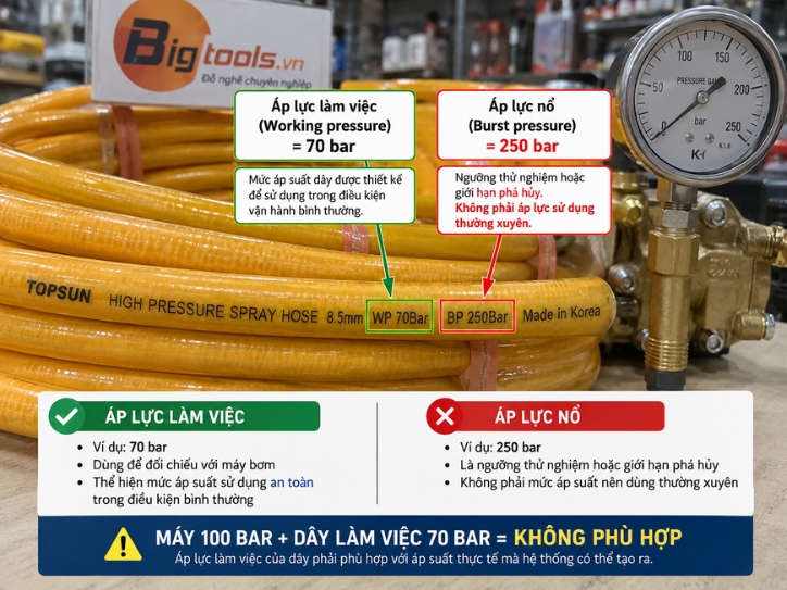Phân biệt áp lực làm việc và áp lực nổ của dây phun áp lực