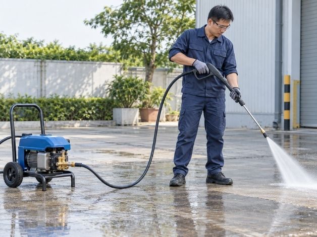 Dây phun áp lực nối máy bơm với súng phun tại khu vực làm việc