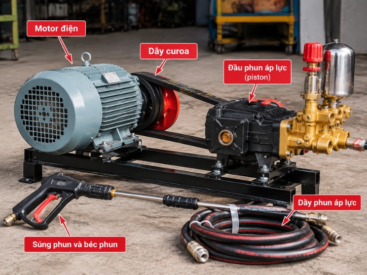 Sơ đồ cấu tạo hệ thống đầu phun áp lực gồm motor, dây curoa, đầu bơm piston và dây phun nước áp lực cao
